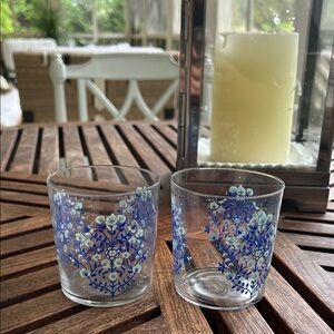 Anthropologie Blue and White Floral Glass Tumbler Pair